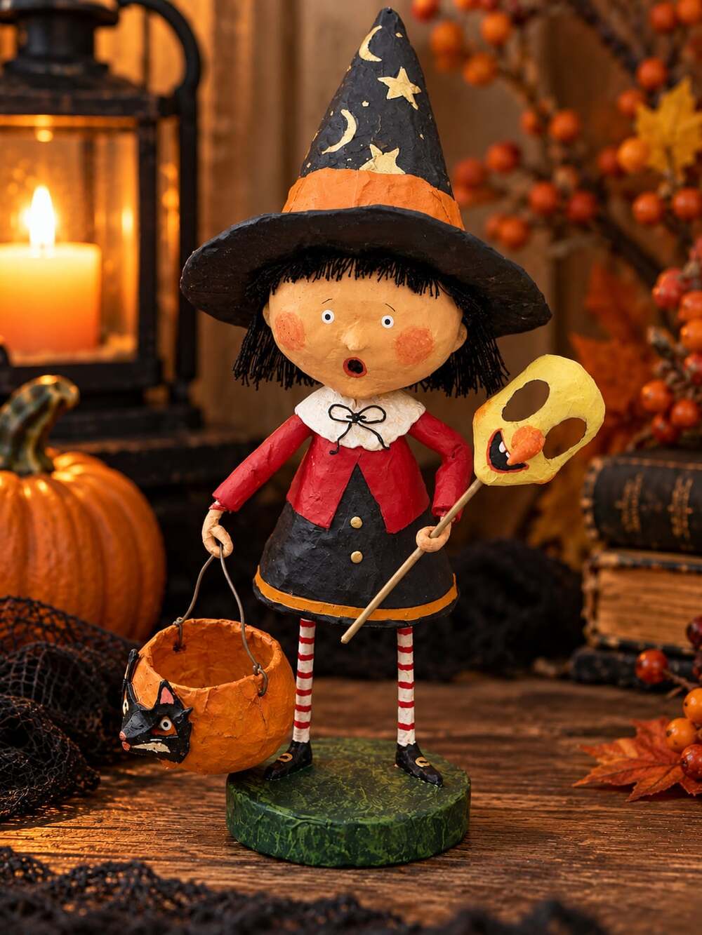 Lori Mitchell Trixie Witch Folk Art Figurine Black Cat Pumpkin Mask Retired Vtg